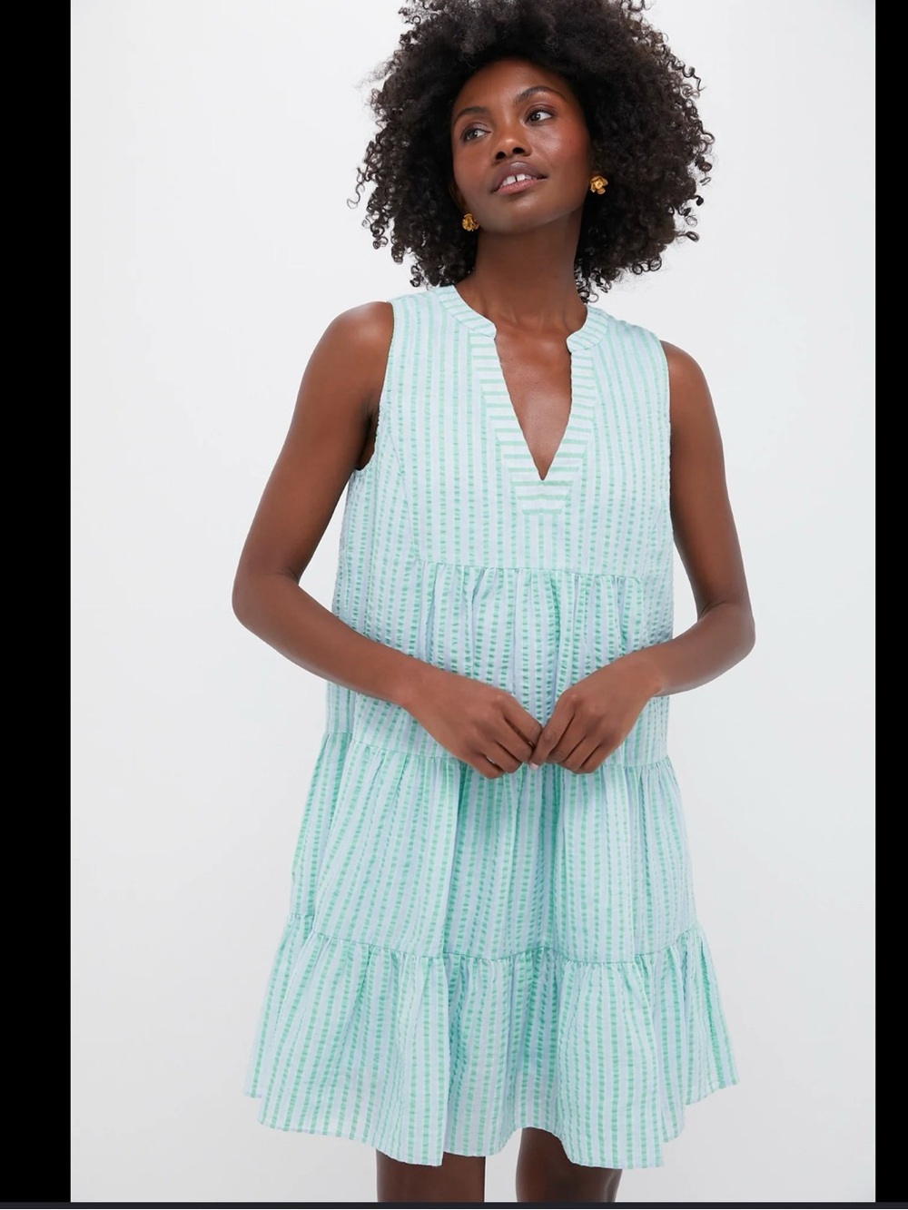Pomander Place Green Blue Striped Seersucker Tiered Mini Dress XL Tuckernuck